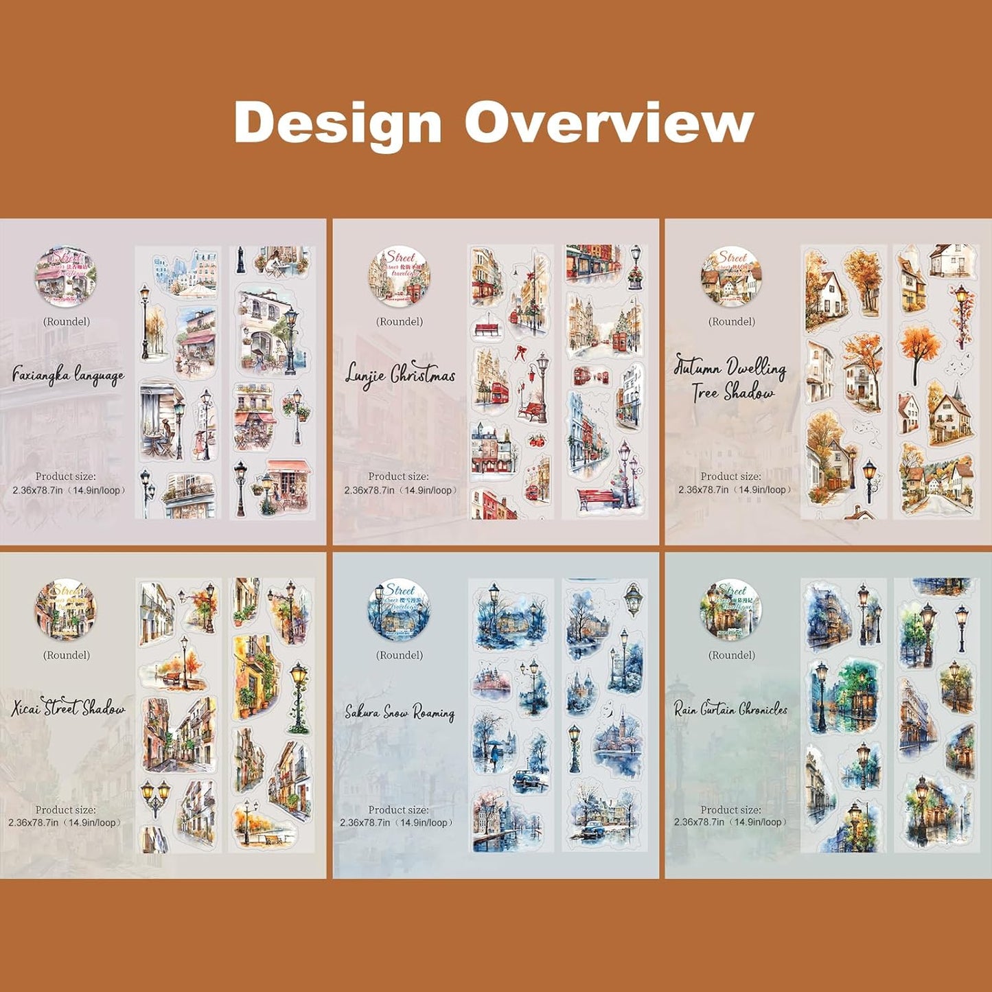 Street Corner PET Tape Set, 6 Rolls Pre-Cut Vintage Cityscape Stickers for Journaling, Scrapbooking, DIY Crafts, Art Supplies