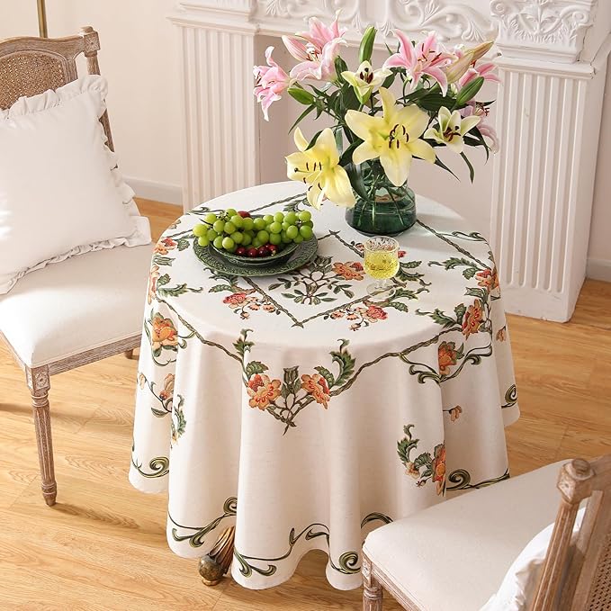 patdrea Designer Linen Round Tablecloth,Vintage French Floral Tablecloths,Wrinkle Free Table Cloth,Decorative Table Cover Cloth for Kitchen,Dining,Tea Party,Home,Christmas,Diameter 67"