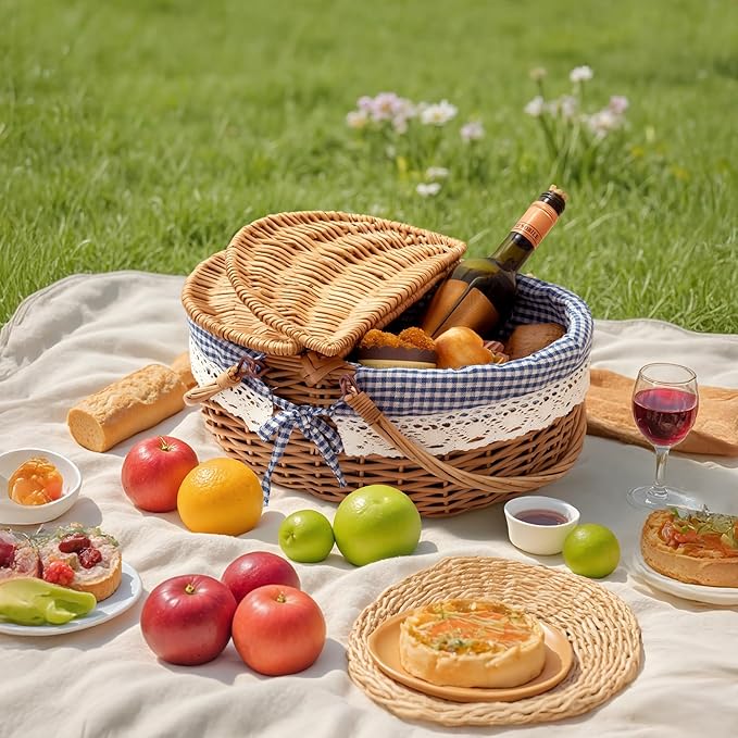 GRANNY SAYS Wicker Picnic Basket for 2 with Handles, Woven Cute Boo Basket with Washable Liner & Dual-Flip Lid, Vintage Large Picnic Baskets for Camping, Outdoor, Gift, Blue and White Checkered Liner
