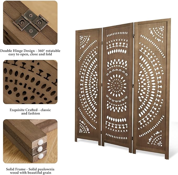 Room Divider Wood Carved Wall Divider Indoor Folding Bohemian Style Portable Partition Screen for Home Office Garden Terrace - 3 Panels (Brown)