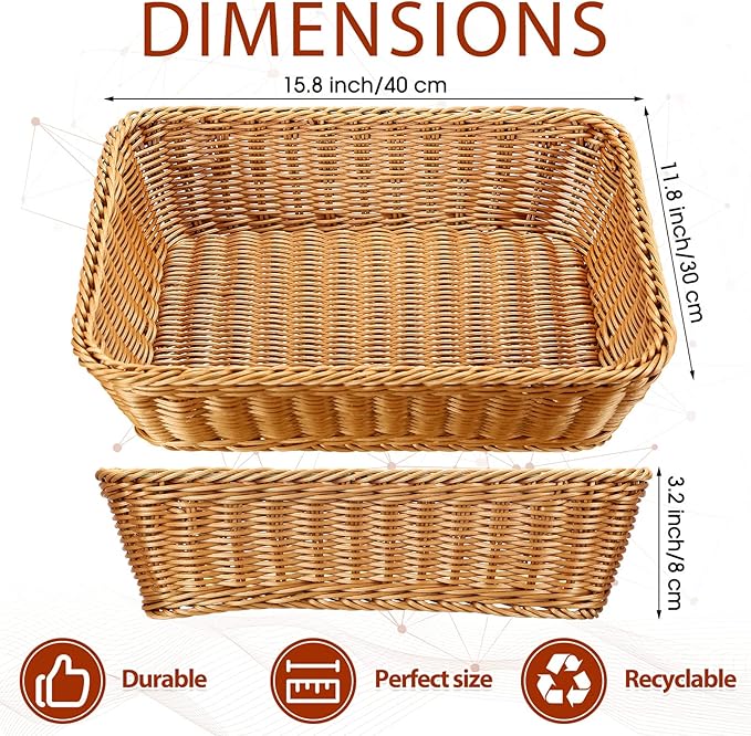 Eccliy 6 Pack Wicker Bread Baskets 15.8 Inch Woven Serving Basket for Gifts, Poly Wicker Storage Rectangle Rattan Display Trays for Bread Food Vegetables Fruit Snacks Tabletop Restaurant Home