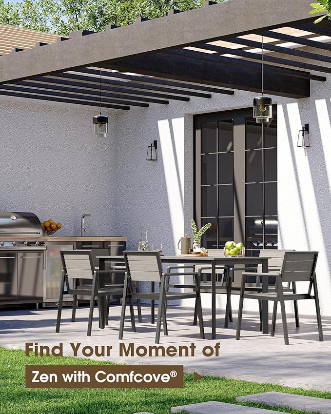 Outdoor Patio Dining Table, HDPS & Aluminum Outdoor Table with Umbrella Hole, All-Weather for Deck, Garden, Lawn, Backyard, Poolside and Indoor Use (Classic Gray)
