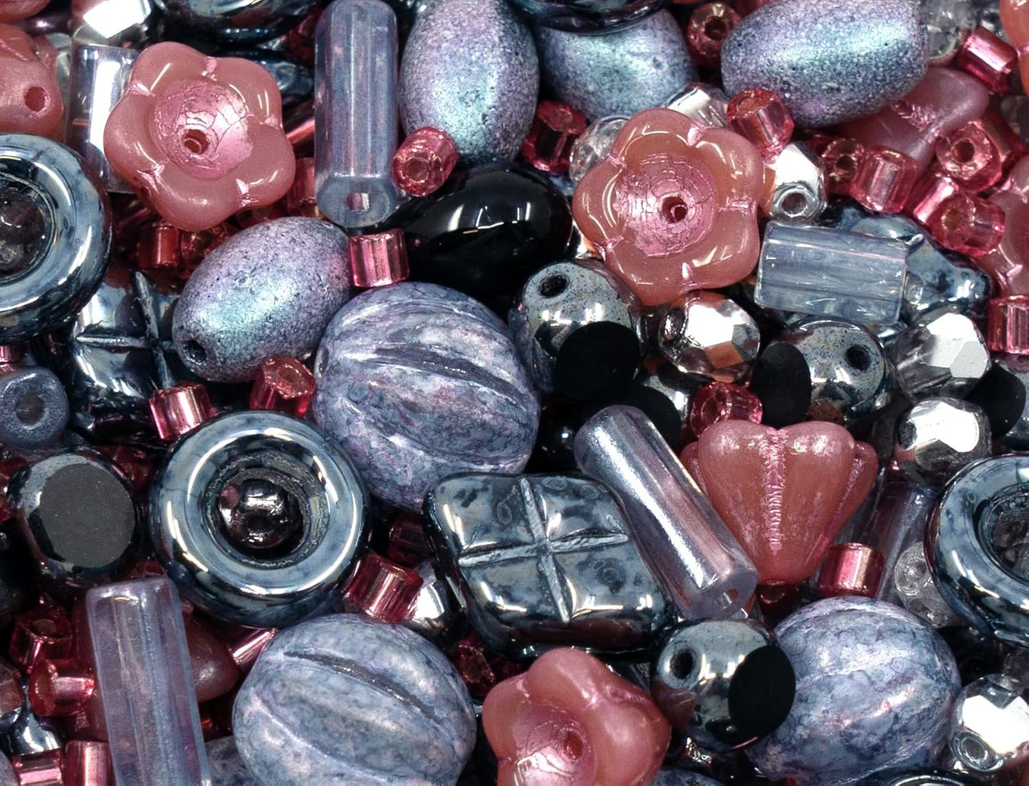 2.1oz (60 g) Mix of Unique Czech Bohemia Glass Pressed Beads, Matte and Glossy, Hand Made, Pink Gray Black Hematite