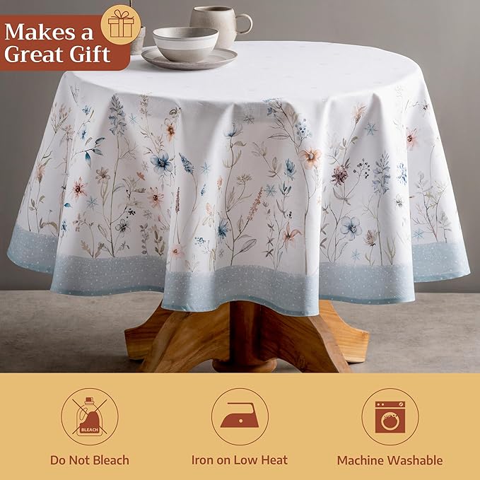 Maison d' Hermine Table Cloth Round Table 100% Cotton 63 Inches Fall Tablecloth Reusable Everyday Use for Thanksgiving Christmas Decorations Dining Farmhouse Party (Ice Florals)