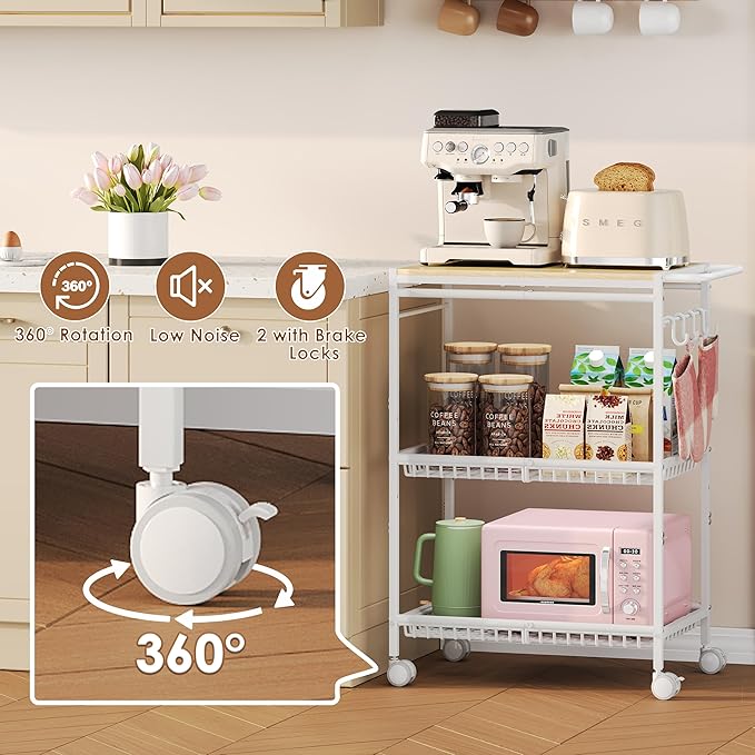 Microwave Kitchen Cart with 2 Lockable Wheels, White Kitchen Storage Cart with Push Handle, 3 Tier Rolling Cart with 160Lbs Capacity for Kitchen Island, Restaurant, Coffee Bar, Living Room, Office