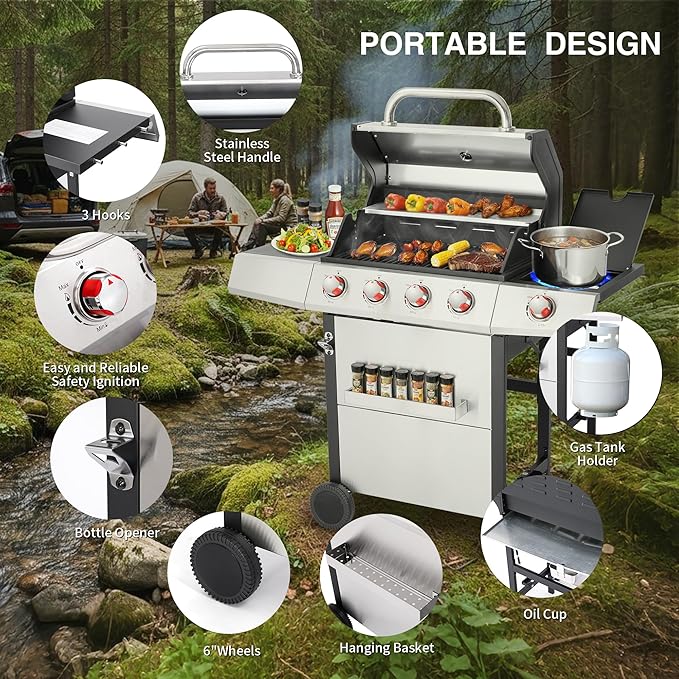 Griddle Grill Combo, Propane Gas and Charcoal Grill Combo, Outdoor BBQ Grills, 4 Burner Propane Stove with Griddle, Cast Iron Grates, Side Burner & Prep Space (4 burner&side burner combo)