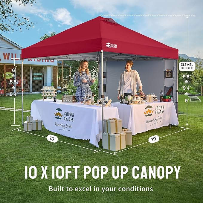 CROWN SHADES Canopy Tent 10x10 Pop Up Canopy Outdoor Shade with Pockets Sidewall, Easy Up Sun Shelter with One Person Set Up Center Lock, Portable Instant Camping Beach Canopy Tents, Red