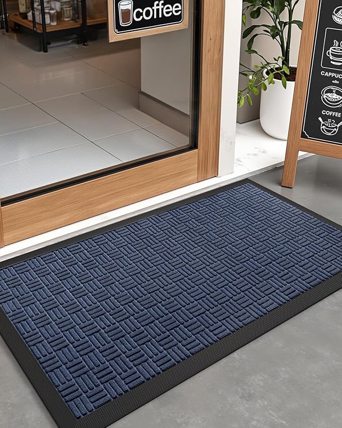 DEXI Front Door Mat Outside Entrance, 2x4 ft Rubber Entry Doormat Heavy Duty, Welcome Mats Non Slip for Inside House Floor Entryway Double Doors Exterior Patio, Maze Blue