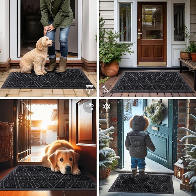 Smiry Front Door Mat Outside Entrance, Heavy Duty Sturdy Natural Rubber Doormat, Trap Dirt and Moisture, Easy Clean Low Profile Mats for Indoor Outdoor Entry, Grid Geometric (47x24, Black)