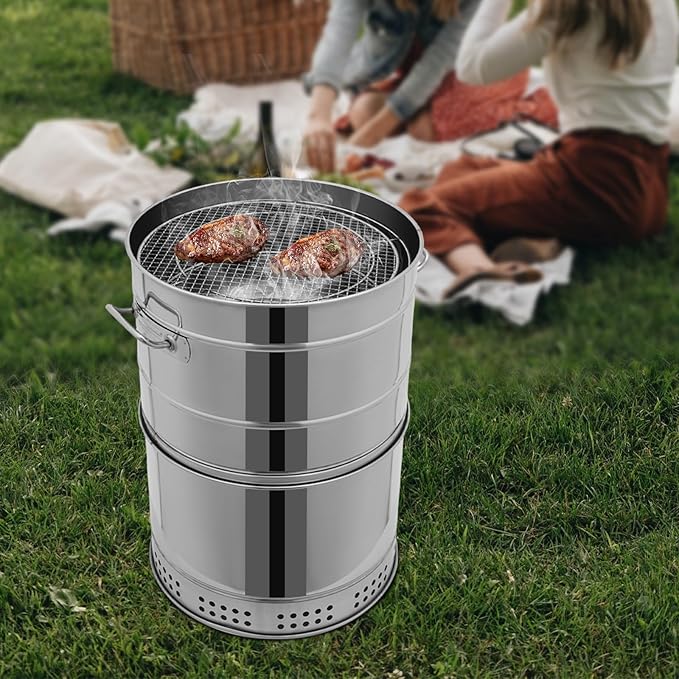 Large Portable Charcoal Grill Stainless Steel Multi-functional Charcoal Grill Barrel 360°Outdoor Barbecue Grill with 50 Skewers & 3 S Hooks for Camping, Picnic, Backyard