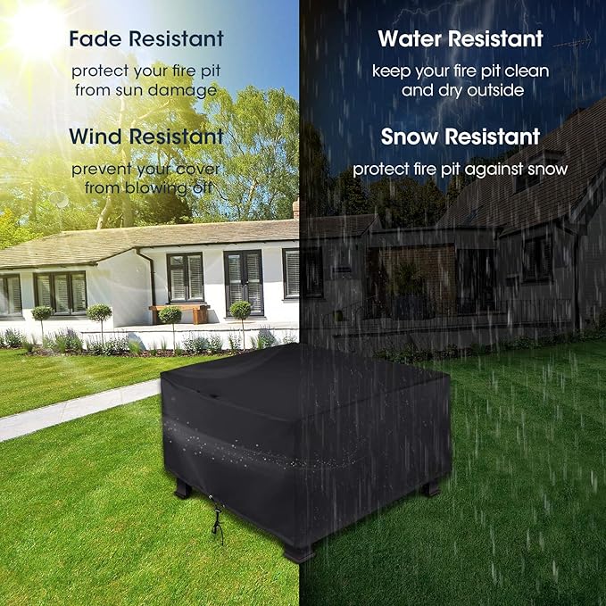 Unicook Square Fire Pit Cover 38 Inch, Heavy Duty Waterproof Fire Table Cover, Outdoor Firepit Protector with Drawstring and Handles, All Weather Protection, Black