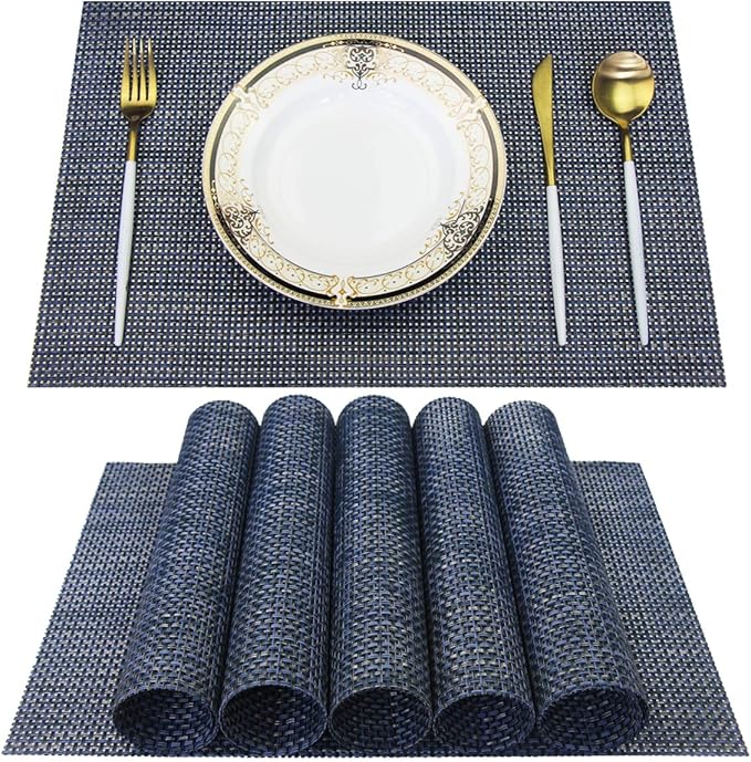 Thicken Placemats Set of 6 Vinyl Heat-Resistant Table Mats Washable Plastic Placemats for Dining Table (Blue)