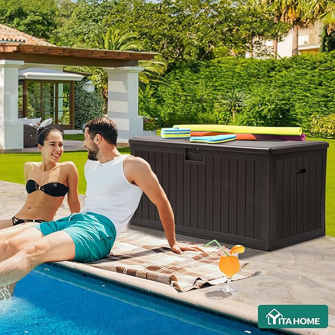 YITAHOME 150 Gallon Double-Wall Deck Box with Side Handles, Outdoor Large Storage for Patio Furniture Cushions, Garden Pool Accessories, Water Resistant & Lockable