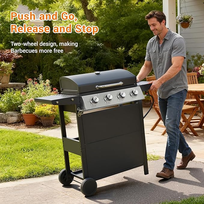 4-Burner Stainless Steel Gas Grill | 34,000 BTU Total Output & 421 sq.in Cooking Area | Powerful Even-Heat System for Large Family BBQs & Backyard Parties