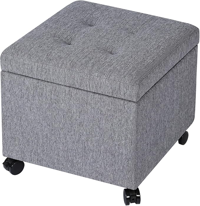 Homebeez Multifunctional Space-Saving Linen Storage Ottoman with 360° Rolling Wheels, 17.7" Square Tufted Cube Footstool with Hinged Lid, Holds 300 lbs, for Living Room, Bedroom, Entryway, Grey