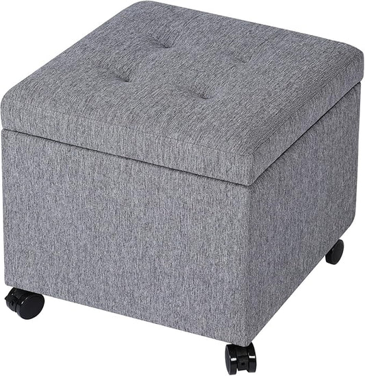 Homebeez Multifunctional Space-Saving Linen Storage Ottoman with 360° Rolling Wheels, 17.7" Square Tufted Cube Footstool with Hinged Lid, Holds 300 lbs, for Living Room, Bedroom, Entryway, Grey