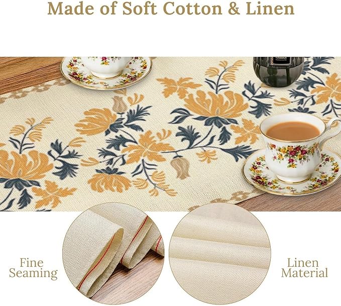 Vintage Yellow Floral Table Runner,Spring Summer Boho Flower Print Table Decoration for Kitchen Dining Table Home Farmhouse Party Decor 13x60in