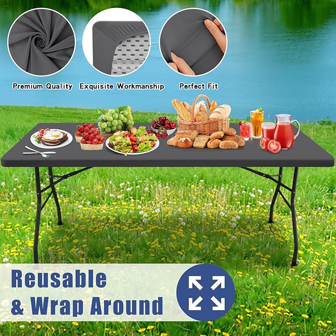 Spandex 4 Foot Rectangle Table Cloth 6 Pack, Elastic Fitted Tablecloths for Picnic, Stretch Washable Patio Table Cover for Outdoor, Camping, Banquet and Parties (Dark Grey, 30"x48")