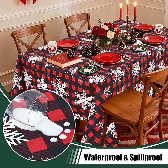 misaya Rectangle Waterproof Vinyl Table Cloth, Wipeable Tablecloth with Flannel Backing, Plastic Table Cover for Dinner, Christmas Party (Red & Black, 60" x 102")
