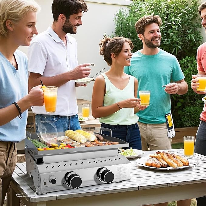 R.W.FLAME 2 Burner Tabletop Propane Griddle, 23" Stainless Steel Gas Griddle, 16,000 BTU Flat Top Grill for Outdoor BBQ,Camping & Patio Gatherings