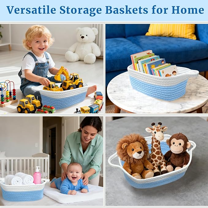 Succwoah 8 Pack Small Woven Baskets with Gift Bags & Ribbons & Cards, Cotton Rope Nursery Storage with Handles, 12"x8"x5", Empty Gift Baskets for Baby Shower, Christmas, Thanksgiving, Organizer (Blue)