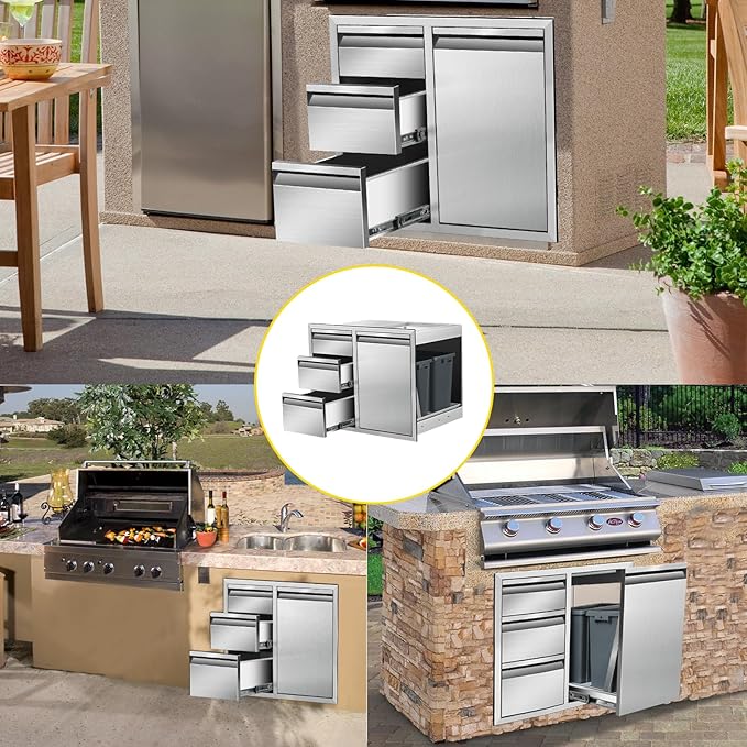 Outdoor Kitchen Door Drawer Combo Cabinet 28" W x 22" H x 19.5" D Stainless Steel Built-in Triple Drawers&Right Trash Drawer Combo Cabinet for Outdoor Kitchen Island, Patio Grill Station