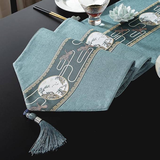 Embroidered Tassel Table Runner Chinese Style Landscape Painting Waterproof Cotton Linen Holiday Kitchen Dining Table Decoration for Home Party Decor 13x72 Inch (Blue)