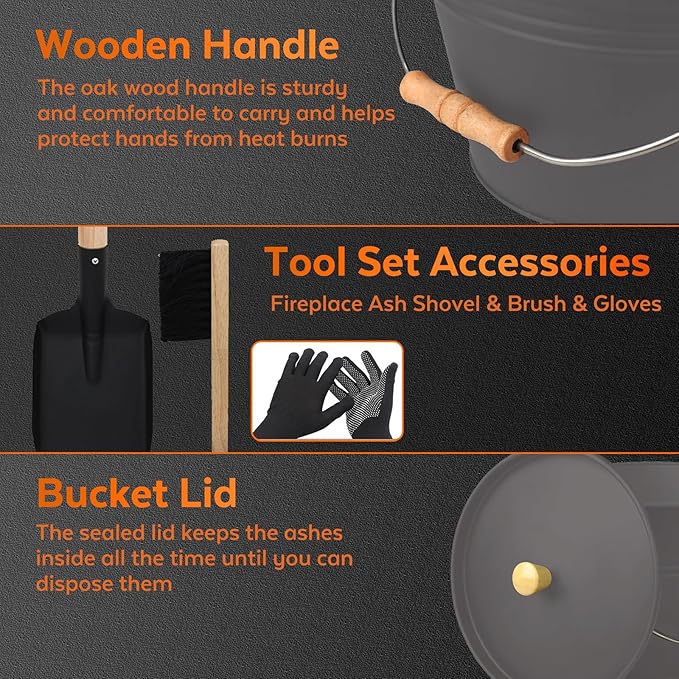 Small Ash Bucket with Lid and Shovel, Metal Fireplace Ash Bucket with Broom, Complete Fireplace Tools Set for Wood Stove and Fireplace, Gray