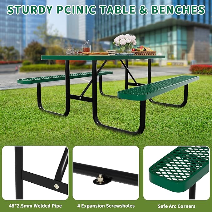 6FT Rectangular Metal Picnic Table for Outdoors, Commercial Steel Metal Picnic Tables, Heavy Duty Sturdy Picnic Tables Furniture Set for Patio Garden Courtyard BBQ, with Umbrella Hole, Green