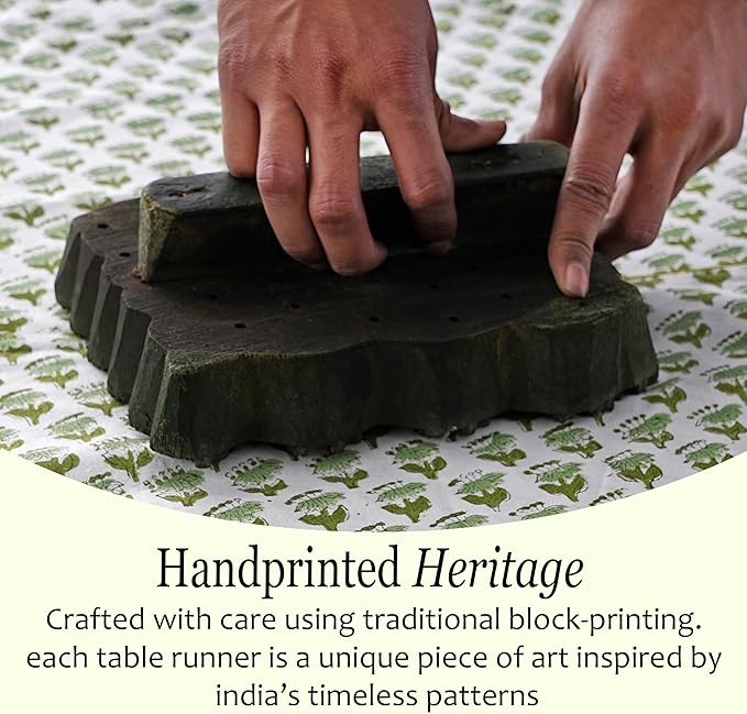 CPC Cotton Table Runner 16x106 inch Block Printed Long Fall Table Runner for Dining Table, Card Table, Coffee Table, Wedding, Farmhouse & Outdoor Barbeque-Emerald Green