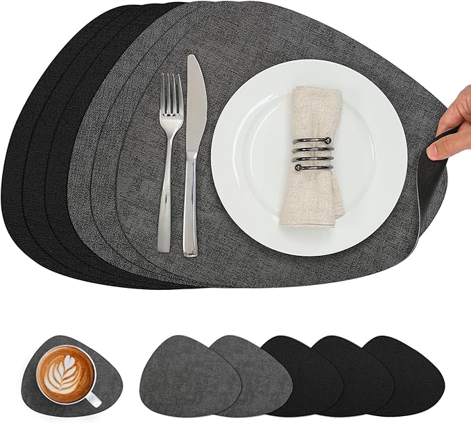 Placemats and Coasters, Washable Reversible Placemats Round Faux Leather Wipeable Place Mats Non Slip Heat Resistant Indoor Outdoor Table Mats (Set of 6, Gray Black)