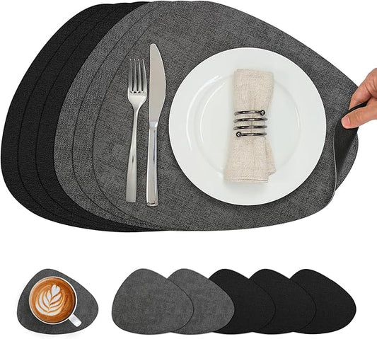 Placemats and Coasters, Washable Reversible Placemats Round Faux Leather Wipeable Place Mats Non Slip Heat Resistant Indoor Outdoor Table Mats (Set of 6, Gray Black)