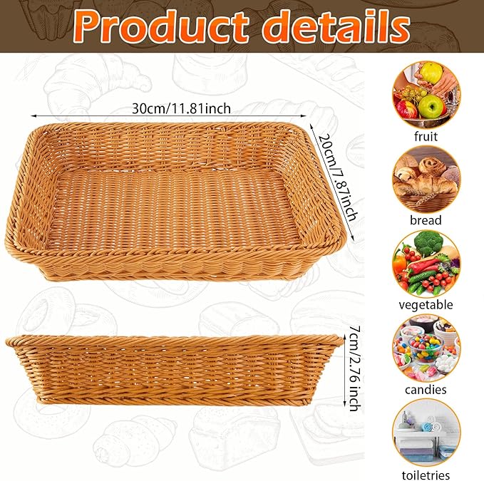 Tioncy 10 Pcs Poly Wicker Woven Bread Basket Imitation Rattan Fruit Basket Tray Stackable Rectangular Food Baskets for Serving Display Storage Kitchen Restaurant Home Vegetable (11.81 x 7.87 x 2.76")