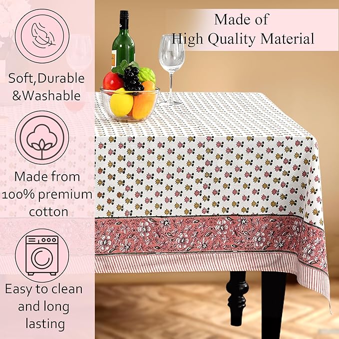 CPC Rosette Bloom Tablecloth 100% Cotton 70x118 Inch Indian Block Print Rectangle Table Cover, Table Cloth for Gifting in Weddings, Halloween, Fall, Christmas, Thanksgiving