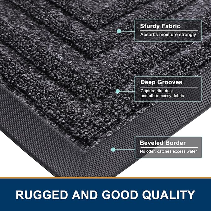 Buganda Front Door Mat Indoor Outdoor Entrance, Non-Slip Natural Rubber Doormats, Easy Clean, Low Profile, Dirt Trapper Entryway Floor Mats for Outside, Garages and Patios, 47x32, Silver Grey