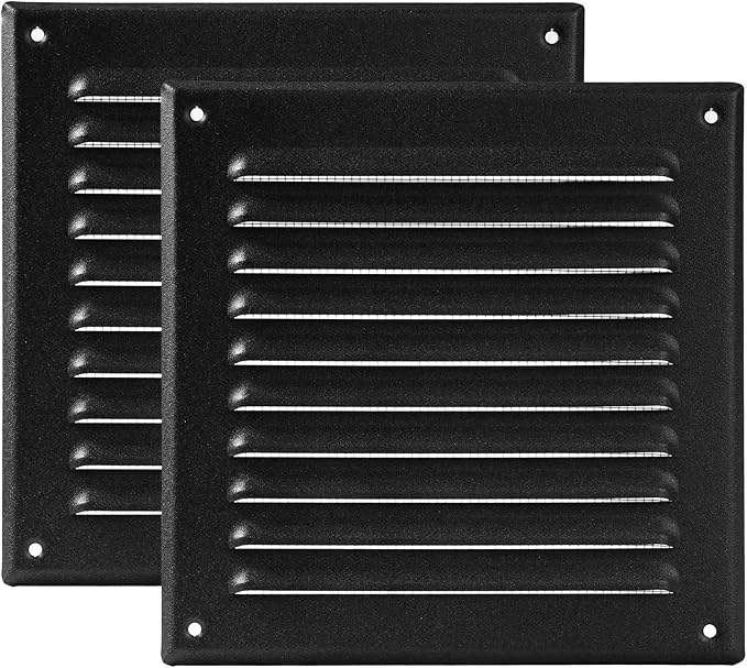 Vent Systems 6 x 6 Inch (Inner) - Pack of 2 - Black Vent Cover - Square Metal HVAC Return Air Grille with Mesh Screen - Register Wall Vent Duct Grill - Outdoor, Indoor, Crawlspace Exhaust Ventilation