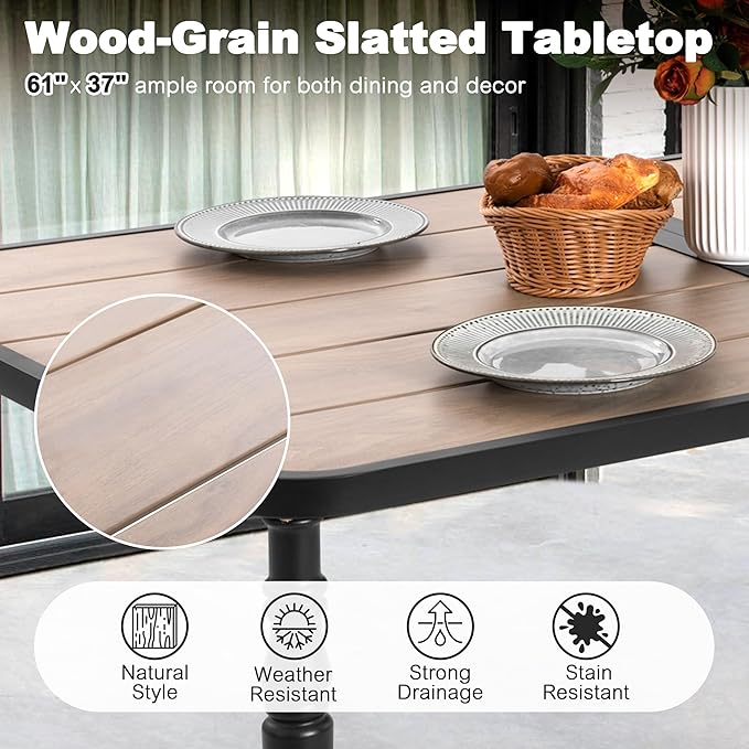 NUU GARDEN Patio Dining Table for 6, 61” x 37” Large Rectangle Metal Table with Wood-Grain Tabletop, Outdoor Table with 2.1” Umbrella Hole for Backyard, Lawn, Garden, Black