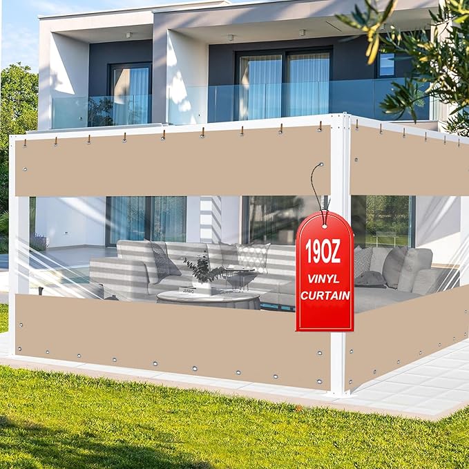 FoundGo 9'H x 15'W Vinyl Curtains for Patio 19oz, Outdoor Clear Vinyl Patio Enclosure,Heavy Duty Clear Tarp Waterproof PVC Tarps with Grommets for Pergola, Balcony,Porch,Gazebos，-4℉ Cold Resistant