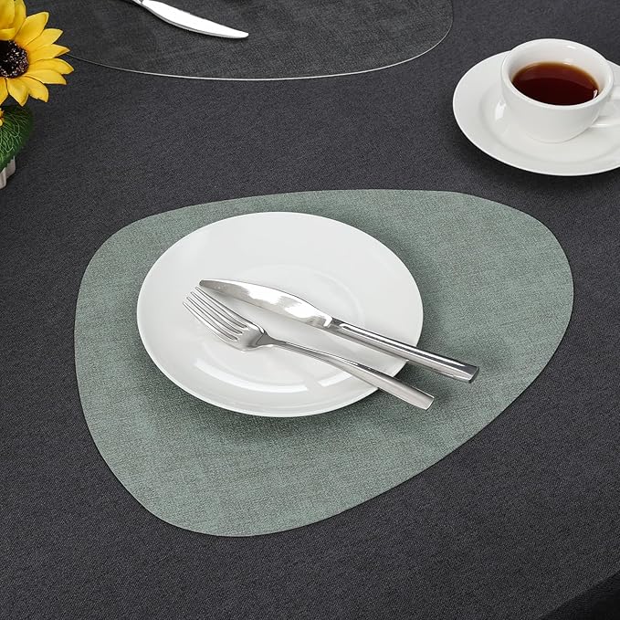 Placemats and Coasters, Washable Reversible Placemats Round Faux Leather Wipeable Place Mats Non Slip Heat Resistant Indoor Outdoor Table Mats (Set of 4, Gray Sage Green)