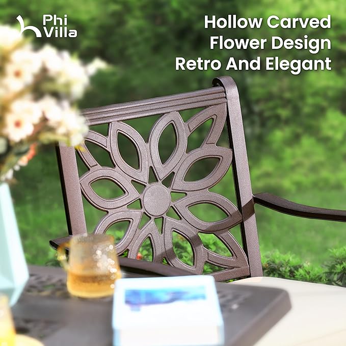 PHI VILLA Cast Aluminum Patio Dining Set for 6 Person, 7 Piece Outdoor Patio Set with 64" x 37" Cast-Top Aluminum Table(2.3" Umbrella Hole), 4 Dining Chairs and 2 Swivel Rockers with Seat Cushions