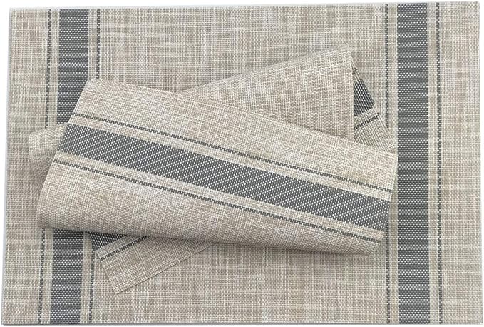Gugrida Placemats, Placemats PVC Table Mats Woven Vinyl Placemats, Set of 6(Grey Beige)