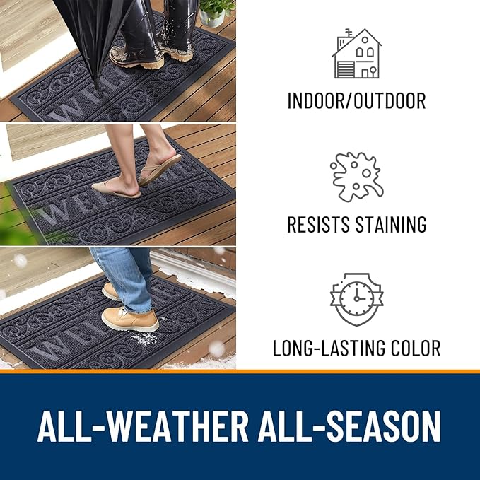 OLANLY Welcome Door Mat Indoor Outdoor Entrance, Heavy Duty Sturdy Front Door Mat, Waterproof All-Weather Doormat, Stain Resistant, Low Profile, Easy Clean Patio Entryway Mat, 47 x 24, Medium Grey
