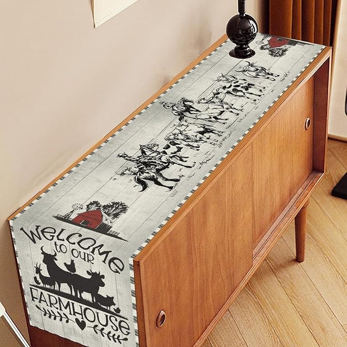 Farmhouse Cow Table Runner, Rustic Rooster Sheep Black White Plaid Animals Farm Coffee Table Center Decor for Home Kitchen Dining Patio Holiday Party Indoor Outdoor Table Decorations, 13"x90"