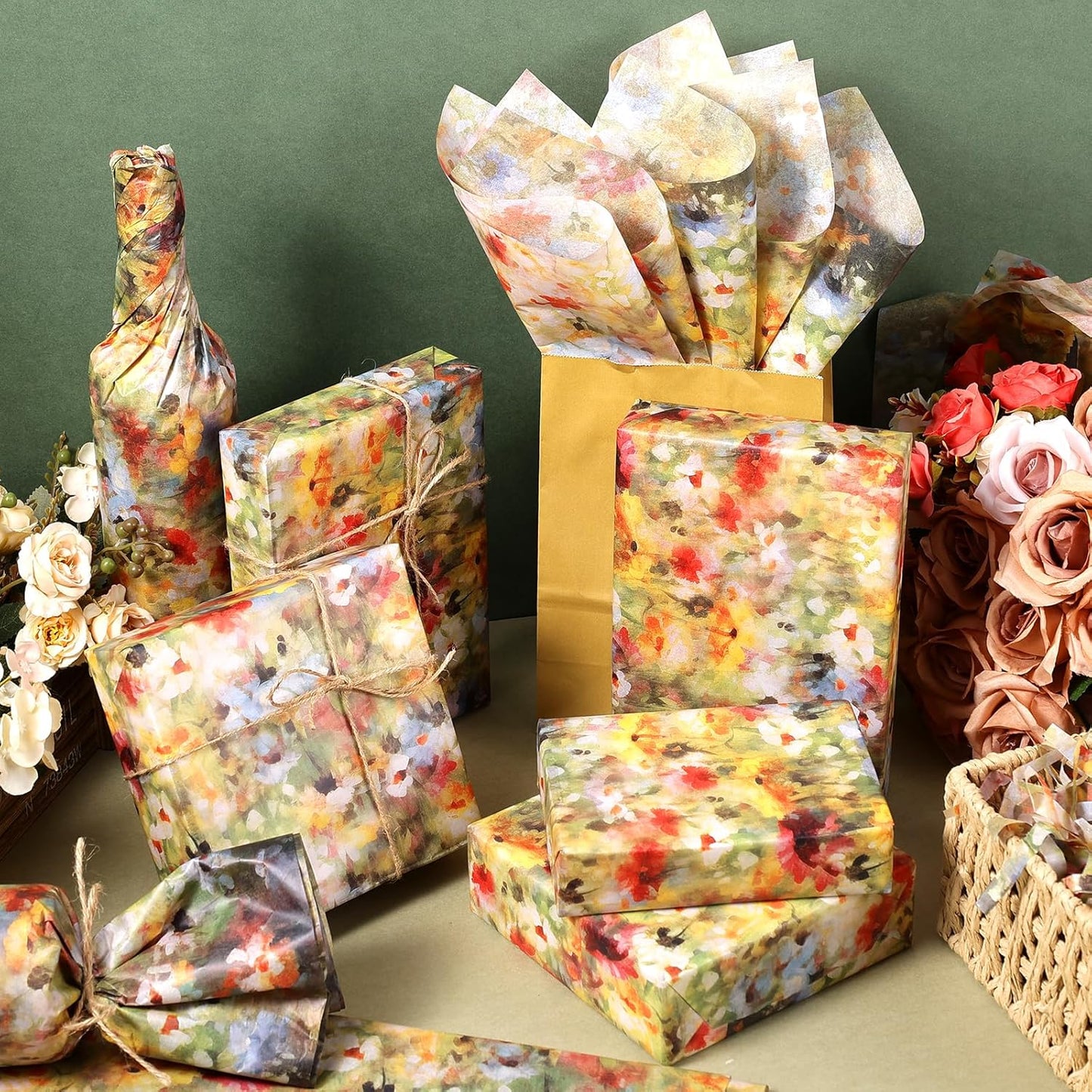 60 Sheets Monet Floral Garden Tissue Paper, 20 x 14 Inch Wildflower Monet Garden Patterns Art Wrapping Paper for Spring Birthday Wedding Spring Party Baby Shower Party Supplies