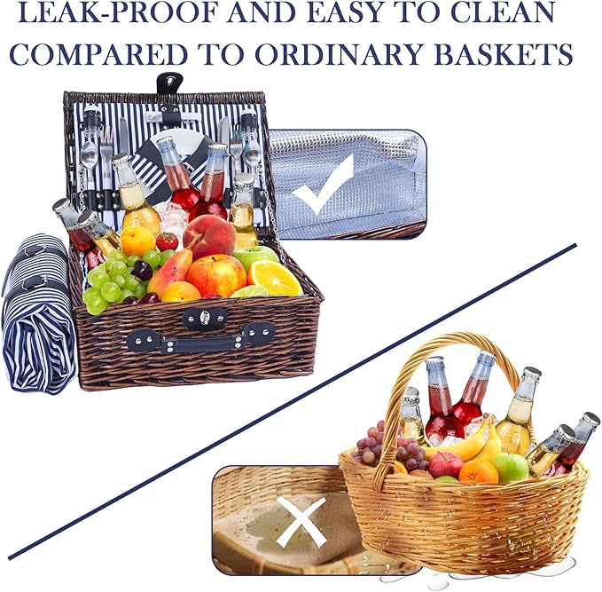 Neti Neti Wicker Picnic Basket for 4 with Insulated Cooler & Waterproof Blanket – Large Willow Picnic Hamper for Outdoor, Camping, Beach, Romantic Dates, Valentine’s Day