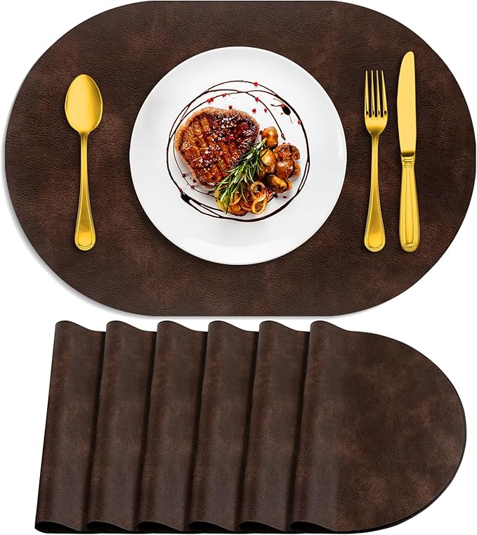 ADRIMER Placemats, Heat Resistant Oval Placemats Set of 6 Washable 12 x 17 Inch, Waterproof Table Mats, Wipeable Pu Place Mats for Kitchen, Dining Room, Coffee