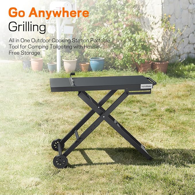 veralune Folding Grill Table, Outdoor Prep Table with 2 Wheels, Adjustable Height Portable Grill cart for Outdoor Cooking Camping BBQ Tailgating Picnicking