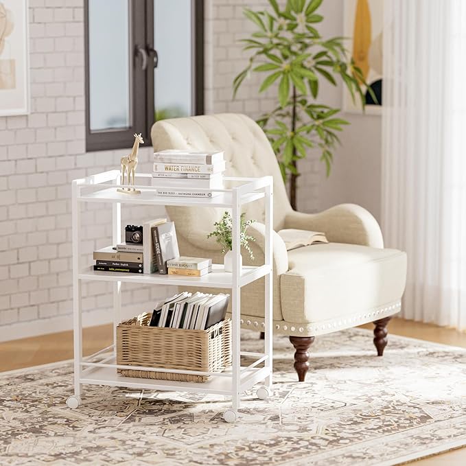 HITNET White Bar Cart, Home Bar Serving Cart, Kitchen Trolley on Wheels with Storage, 3 Tier Rolling Beverage Cart for Living Room Kitchen Home Office