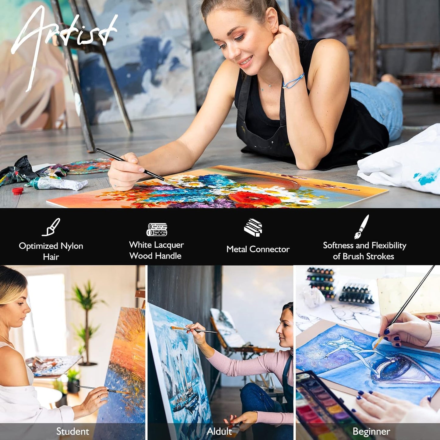 Paint Brush Set, 10 Pcs Paint Brushes for Acrylic Painting, Round Pointed Tip Detail Small Paint Brush for Oil Watercolor Canvas Face Body Boards Rock, Kids Adult Drawing Arts Crafts Supplies, Black