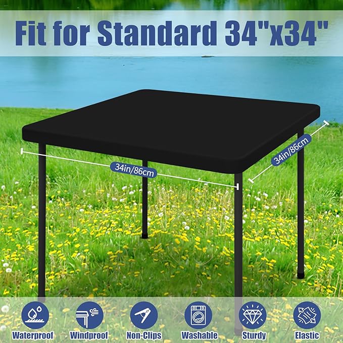 Spandex Square Table Cloth 6 Pack, Elastic Fitted Tablecloths for Picnic, Stretch Washable Patio Table Cover for Outdoor, Camping, Banquet and Parties (Black, 34"x34")
